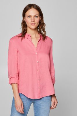Esprit - Linen blend: Shirt blouse with turn-up sleeves at our Online Shop