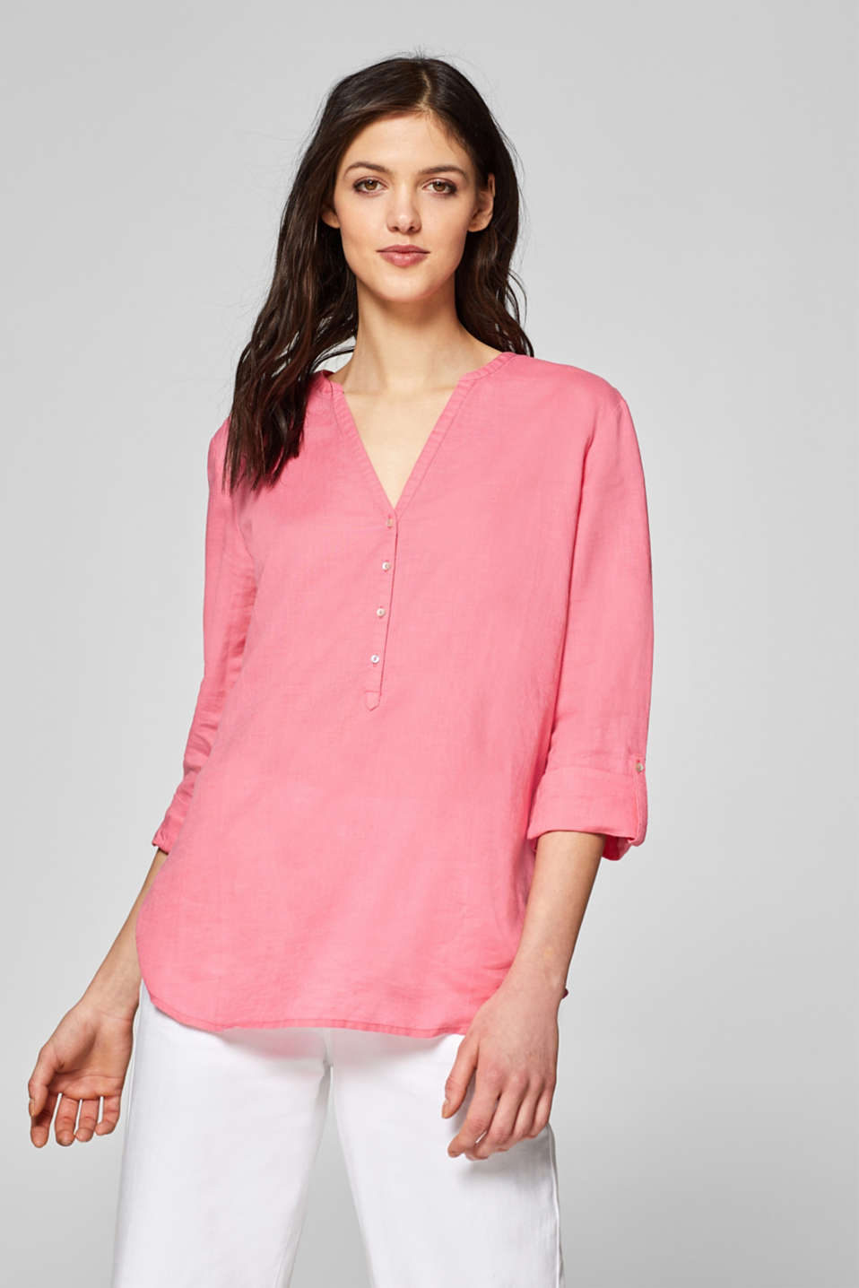 Esprit - Blended linen tunic blouse with turn-up sleeves at our Online Shop