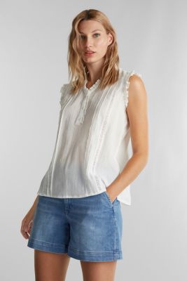 Esprit - Crinkle blouse top with broderie anglaise at our Online Shop