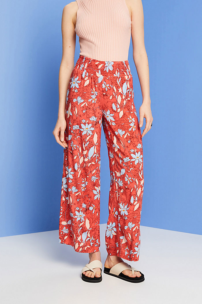 Patterned wide leg pull-on trousers, CORAL ORANGE, detail-asia image number 0