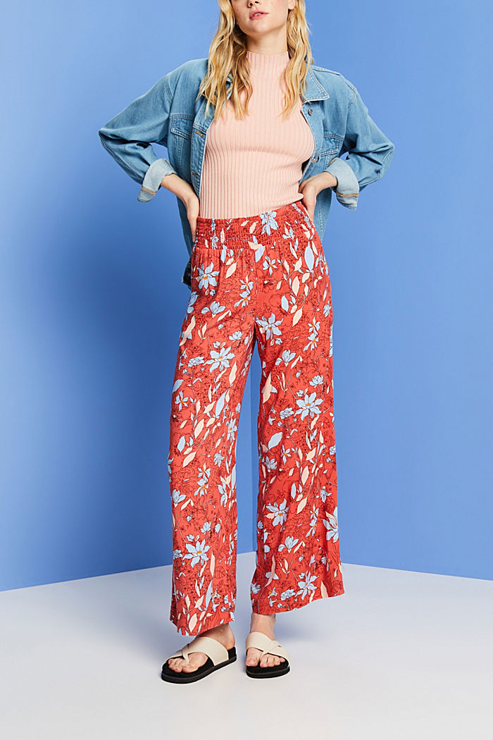 Patterned wide leg pull-on trousers, CORAL ORANGE, detail-asia image number 1
