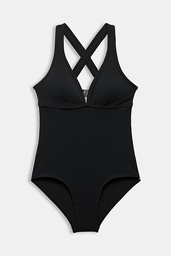 Padded swimsuit with mesh, BLACK, overview