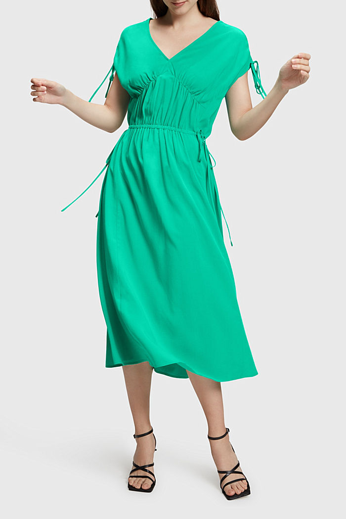 RAYON SILK RUCHED V NECK DRESS, GREEN, detail-asia image number 0
