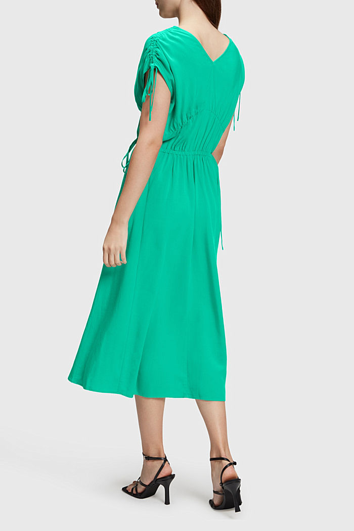 RAYON SILK RUCHED V NECK DRESS, GREEN, detail-asia image number 1
