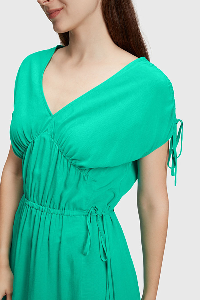 RAYON SILK RUCHED V NECK DRESS, GREEN, detail-asia image number 2