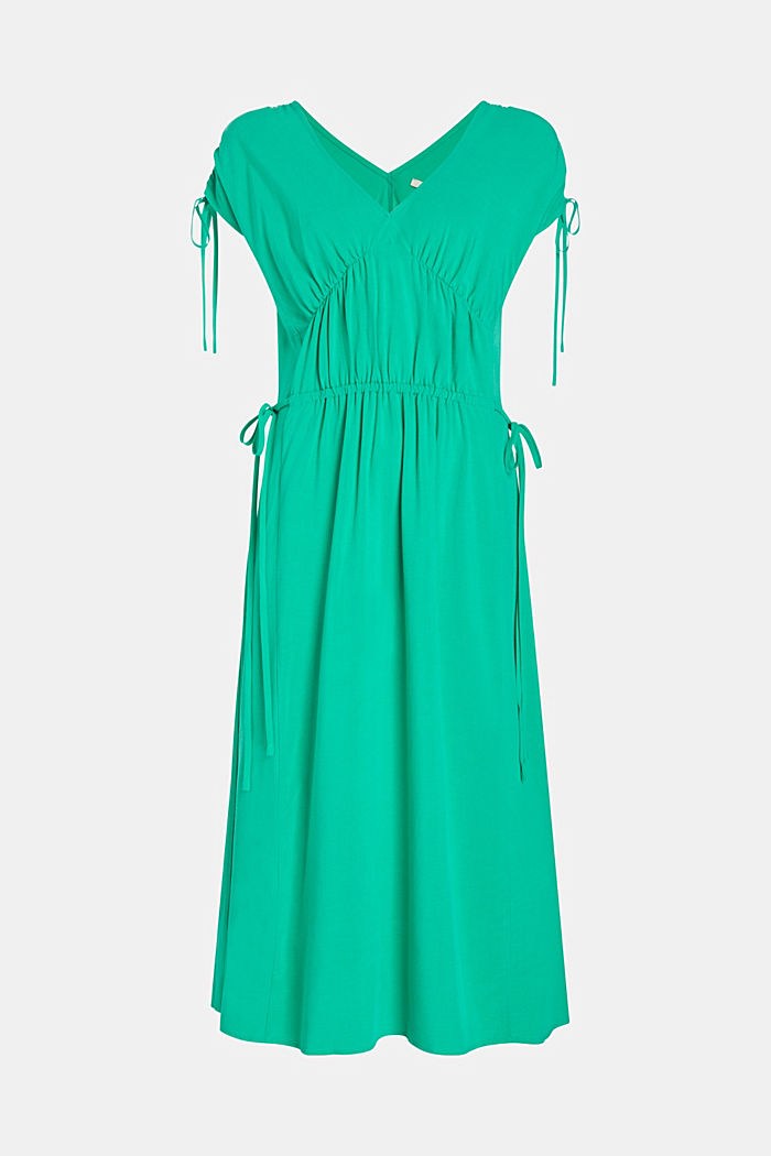 RAYON SILK RUCHED V NECK DRESS, GREEN, detail-asia image number 4