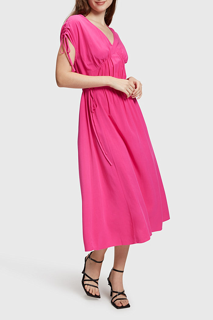 RAYON SILK RUCHED V NECK DRESS, PINK FUCHSIA, detail-asia image number 0