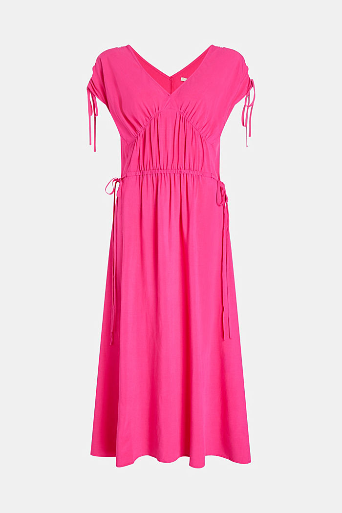 RAYON SILK RUCHED V NECK DRESS, PINK FUCHSIA, detail-asia image number 4