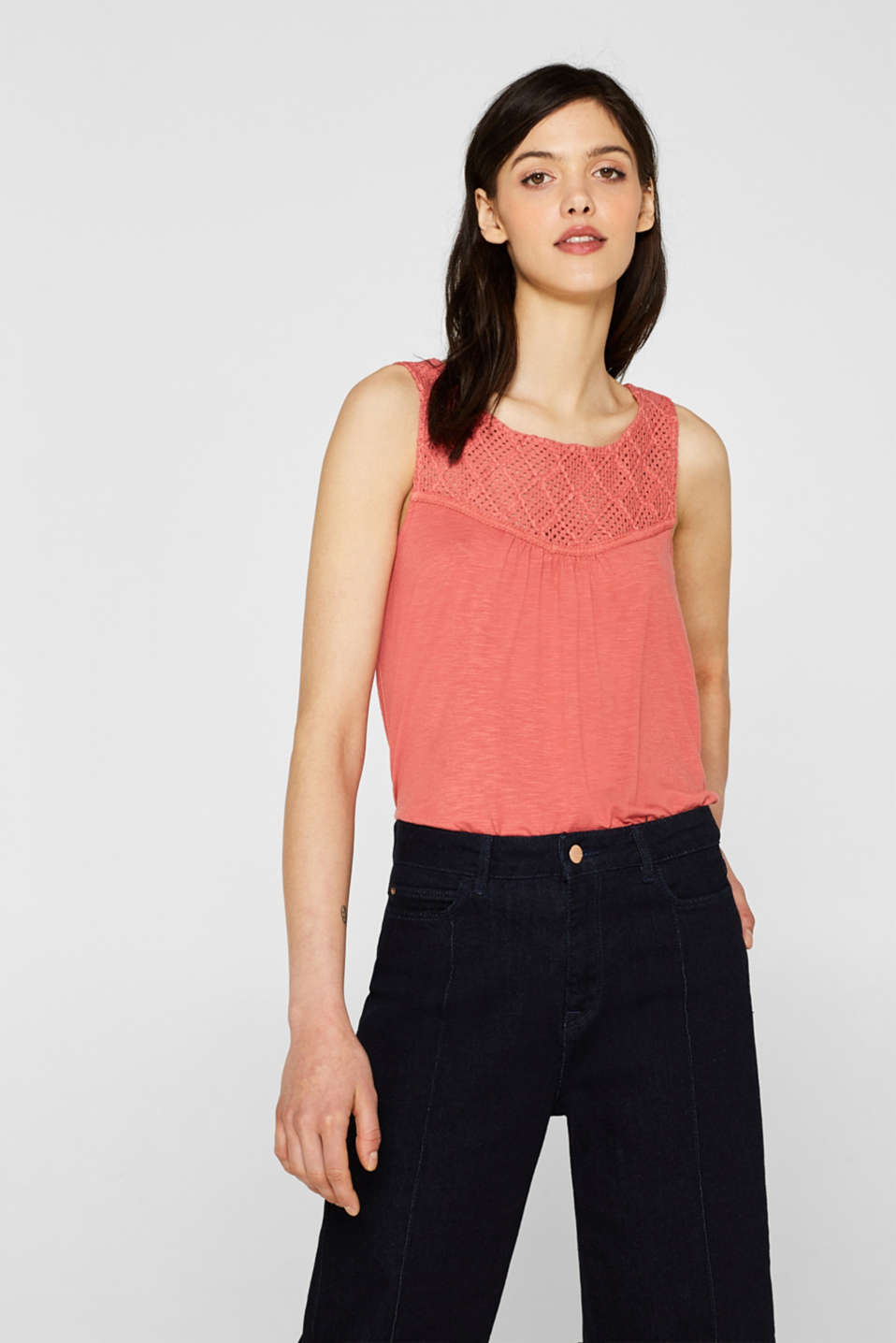 Esprit - Slub jersey top with crocheted lace at our Online Shop
