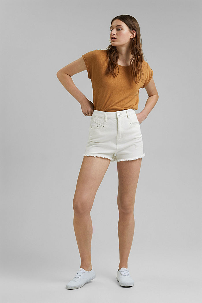 Shorts di jeans a vita alta con effetti usati, WHITE, detail image number 0