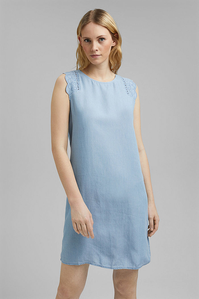 In TENCEL™: abito con ricamo traforato, BLUE LIGHT WASHED, detail image number 0