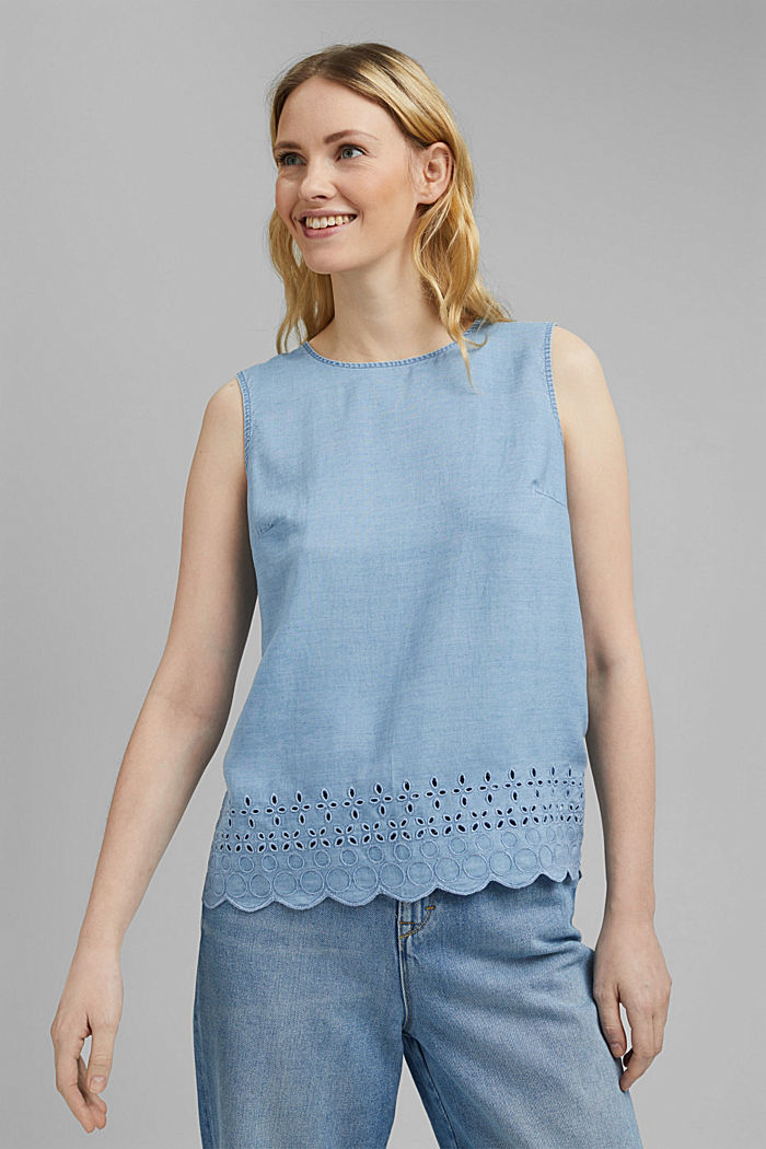 In TENCEL™: blusa di jeans con ricamo, BLUE LIGHT WASHED, detail image number 0