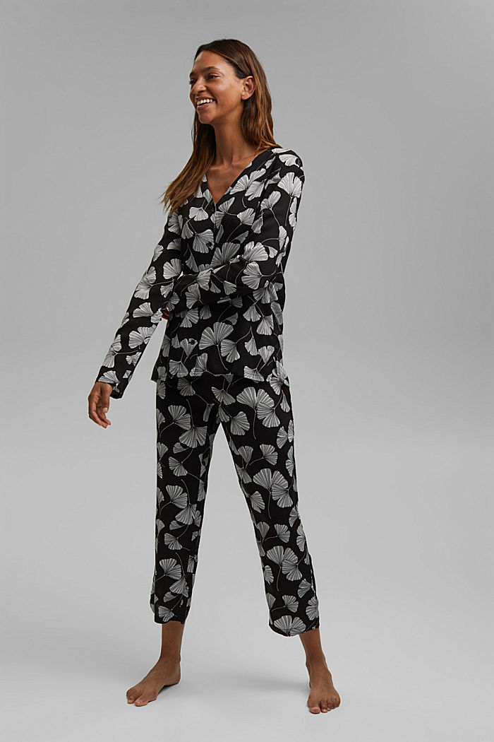 Pyjamas with a gingko print, LENZING™ ECOVERO™, BLACK, detail image number 0