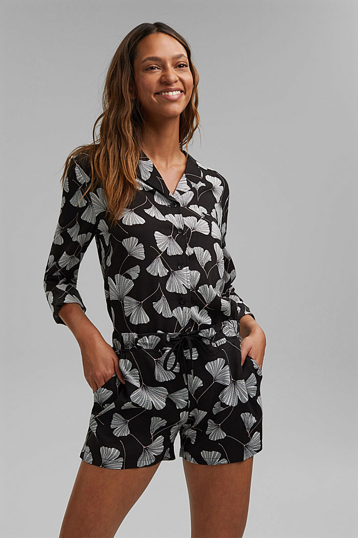 Shorts da pigiama con stampa di ginko, LENZING™ ECOVERO™, BLACK, detail image number 0