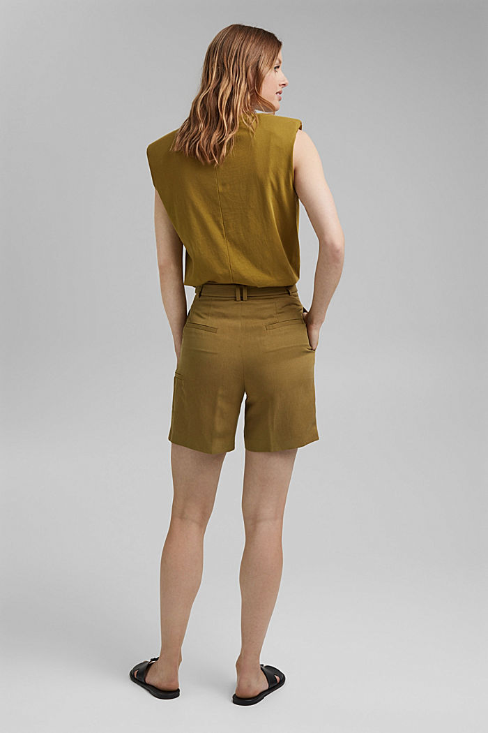 Con lino: pantaloncini a vita alta con cintura, OLIVE, detail image number 3