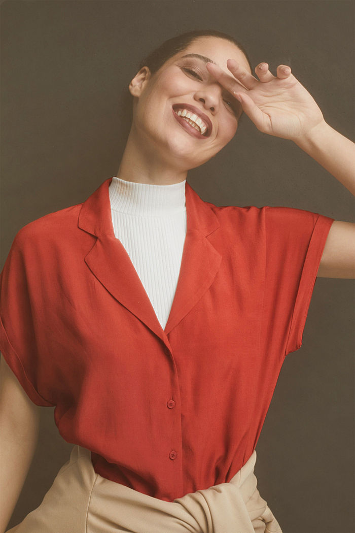 Blouse top with a pyjama-style collar, LENZING™ ECOVERO™