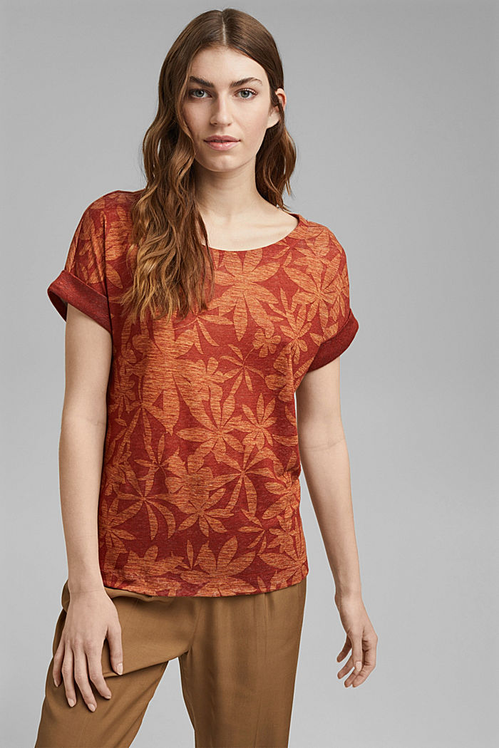 In 100% lino: t-shirt con stampa di foglie, TERRACOTTA, detail image number 0