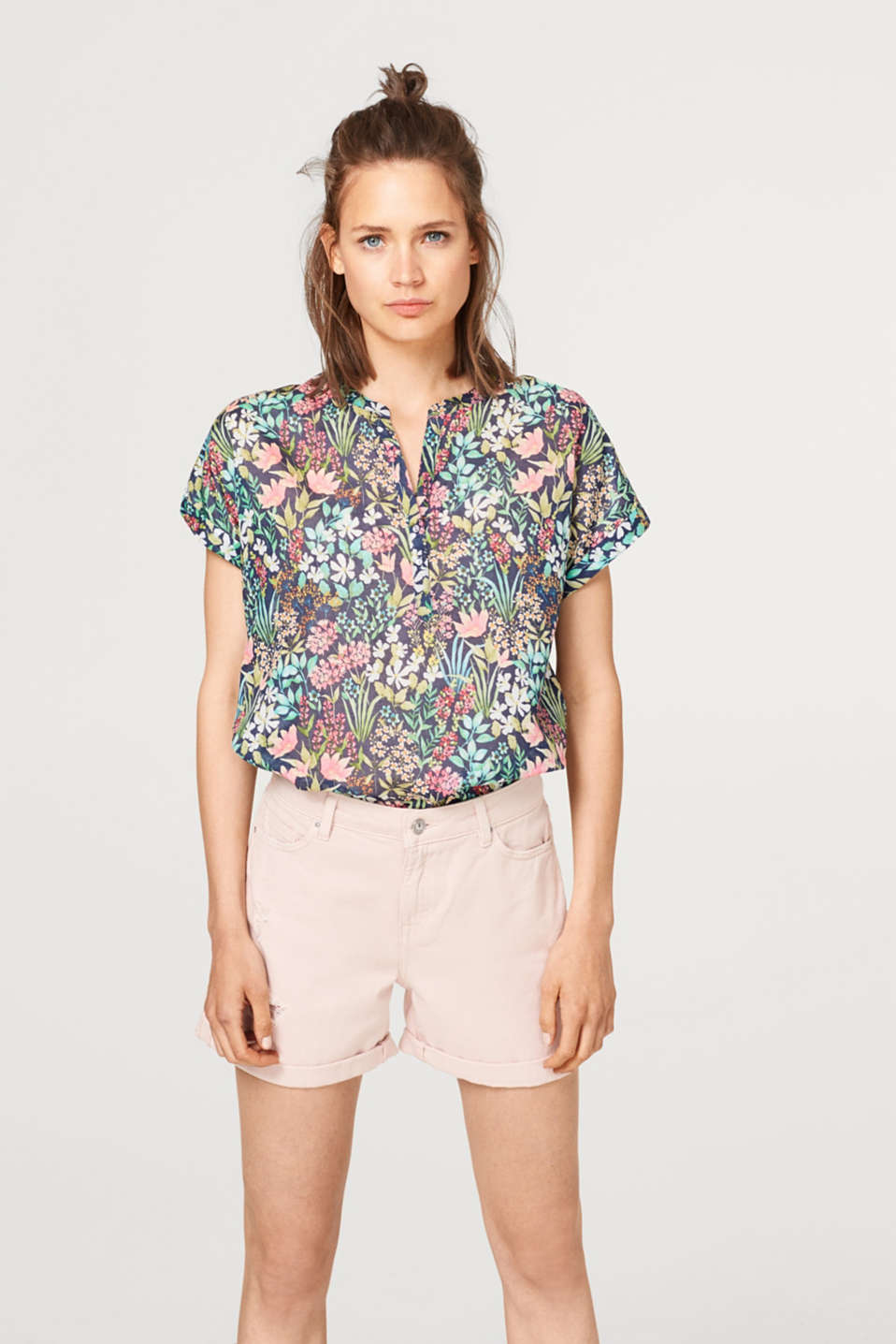 Esprit - Henley blouse with floral print, 100% cotton at our Online Shop