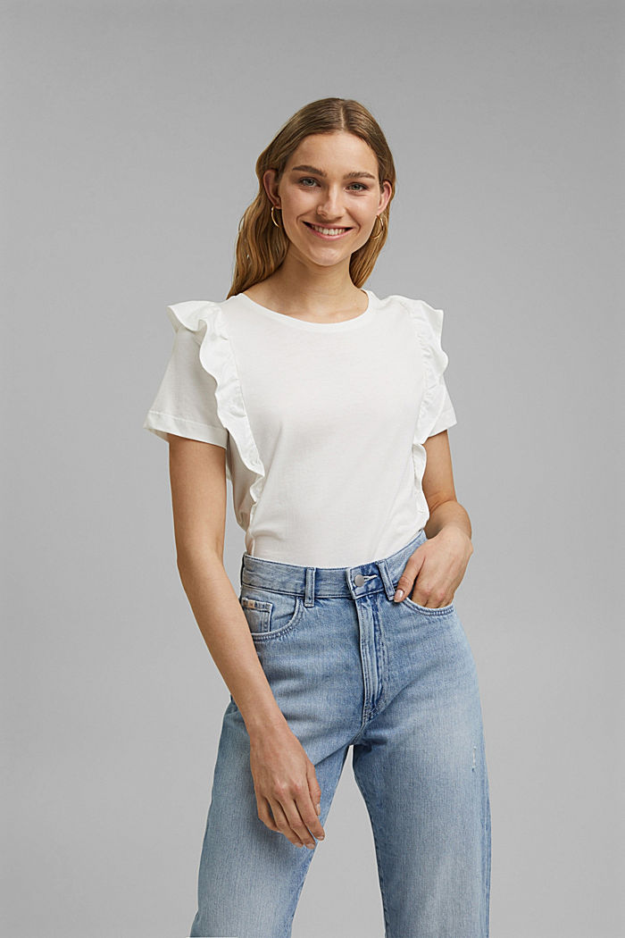 T-Shirt mit Volants, 100% Bio-Baumwolle, OFF WHITE, overview