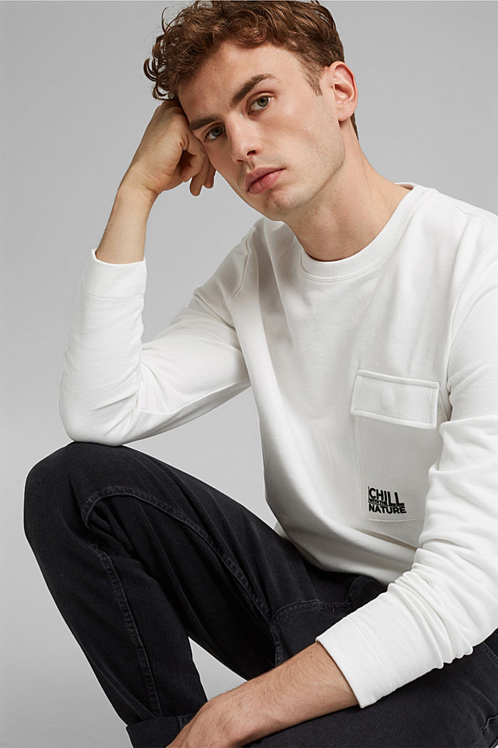 Sweat-shirt à poche et imprimé, 100 % coton, OFF WHITE, detail image number 4