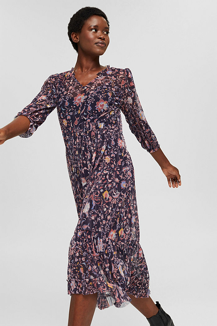 Pleated mesh dress with a floral print, NAVY, detail image number 0