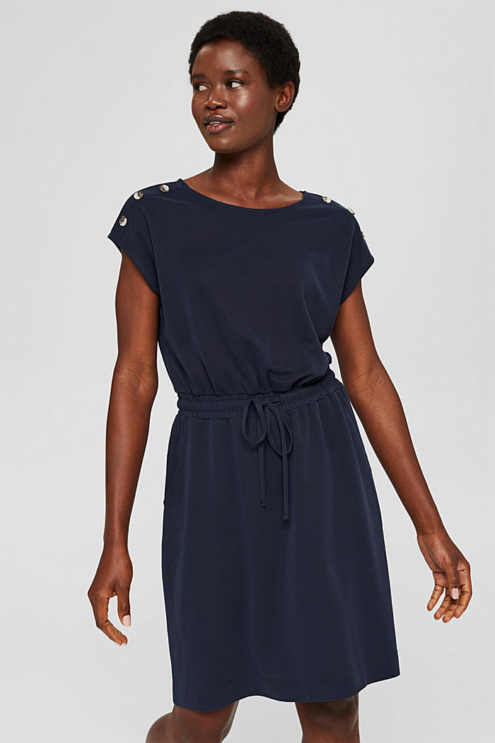 Dress with a matte sheen and decorative buttons, NAVY, overview