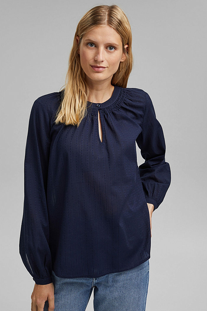 Blouse with woven texture made of 100% cotton, NAVY, detail image number 0