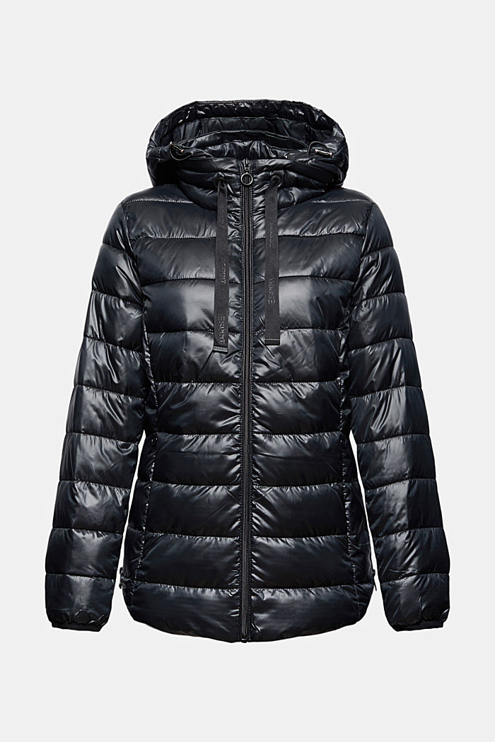 Materiale riciclato: giacca trapuntata leggera con cappuccio, BLACK, overview