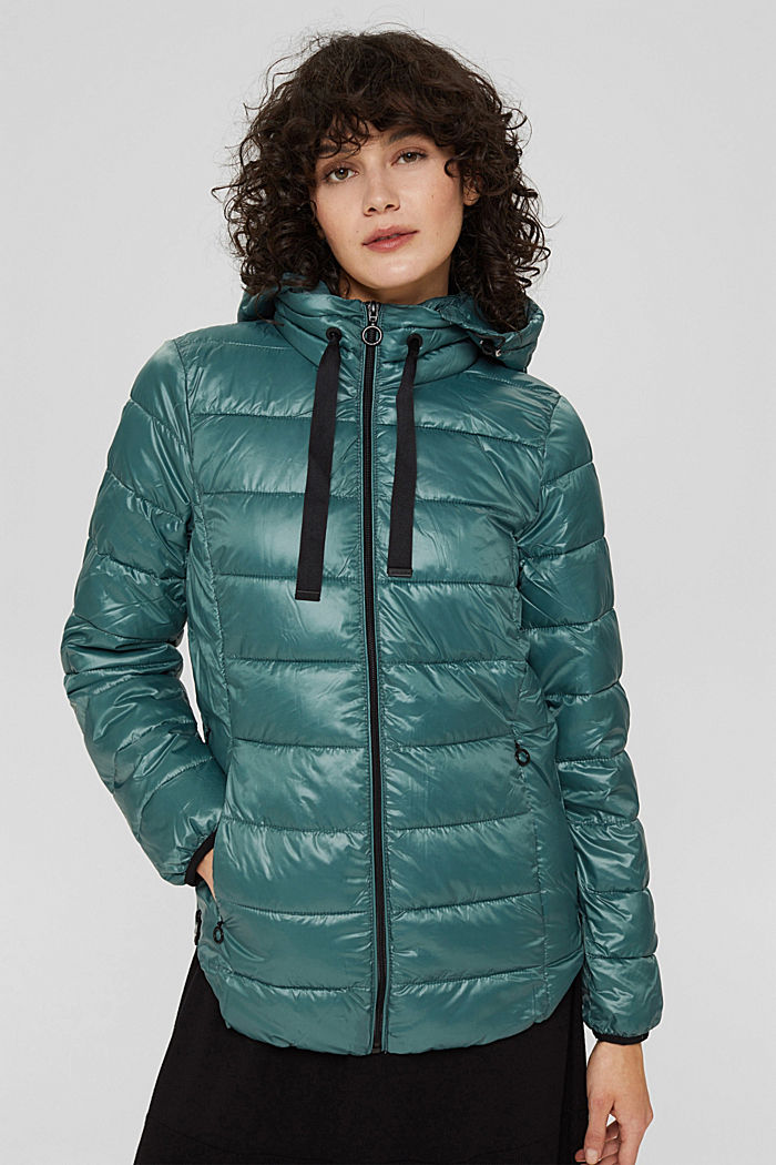 Materiale riciclato: giacca trapuntata leggera con cappuccio, TEAL BLUE, detail image number 0