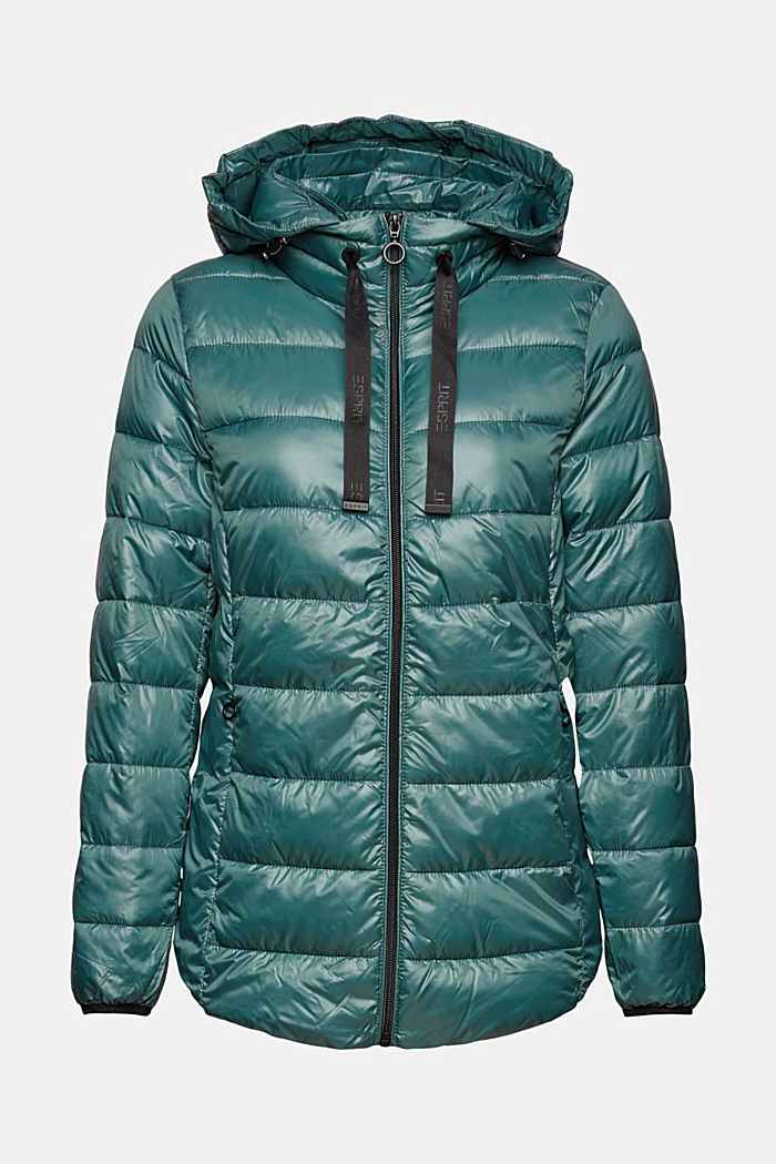 Materiale riciclato: giacca trapuntata leggera con cappuccio, TEAL BLUE, overview