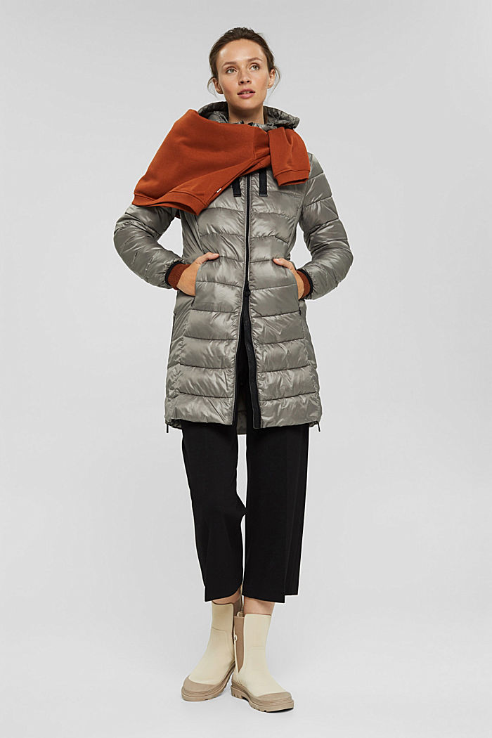 Recycled: lightweight quilted coat with hood, LIGHT GUNMETAL, overview