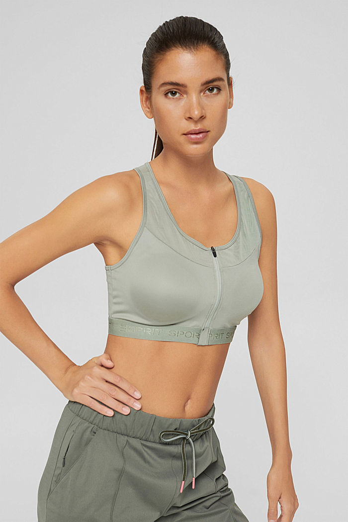 Padded sports bra with a mobile phone pouch and E-DRY finish, LIGHT KHAKI, detail image number 0
