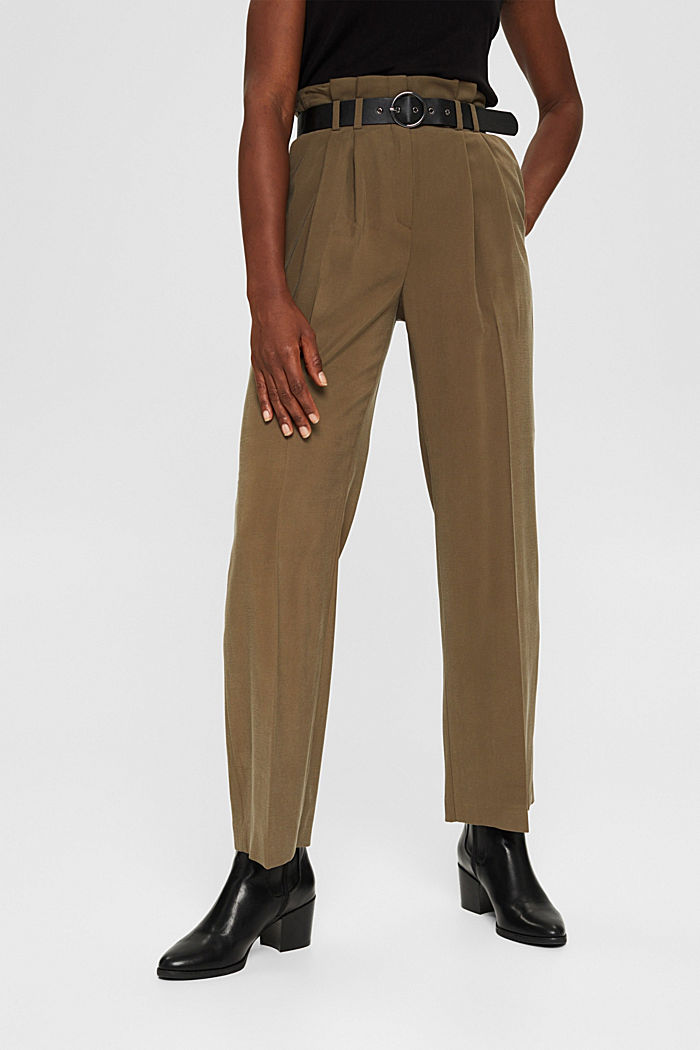 Pantaloni stile paperbag con cintura in similpelle, DARK KHAKI, detail image number 0