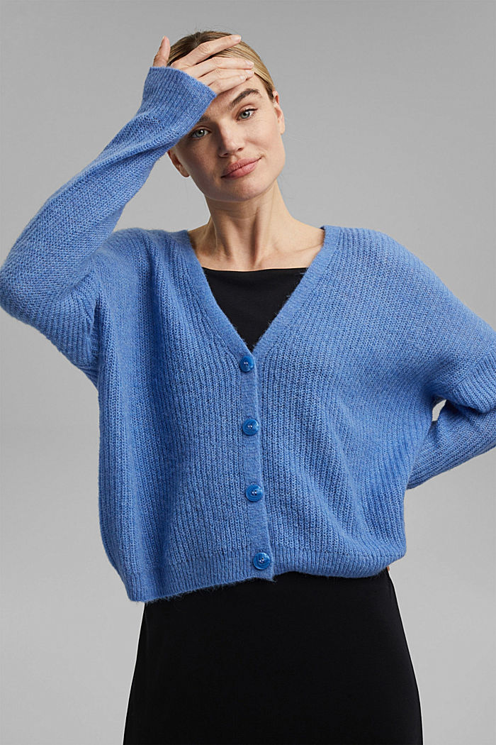 With alpaca/wool: V-neck cardigan, BRIGHT BLUE, overview