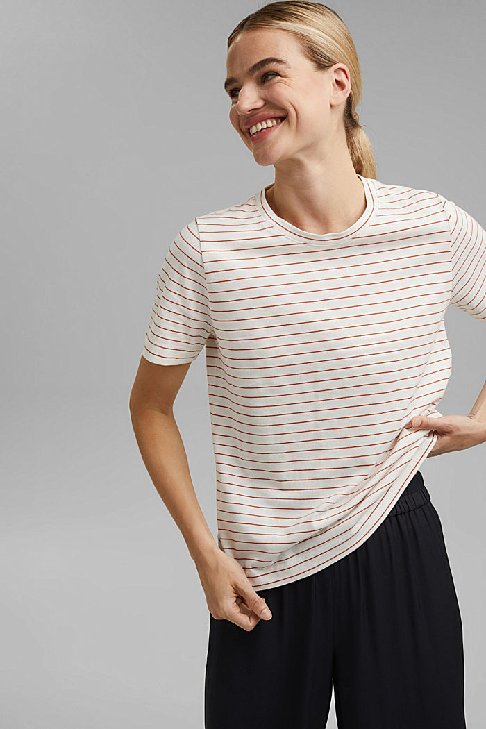 Basic T-Shirt with fine stripes, OFF WHITE, overview