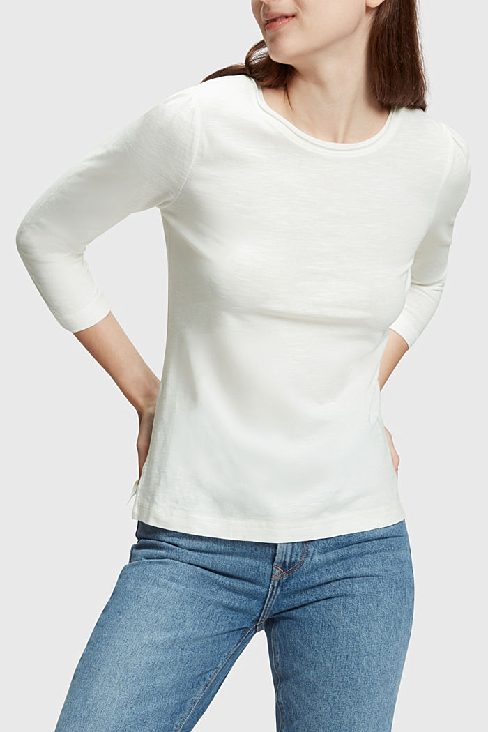 Long sleeve cotton top, OFF WHITE, detail image number 0