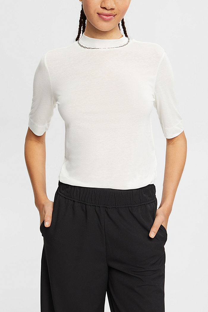 With TENCEL™: T-shirt with band collar, OFF WHITE, detail-asia image number 0