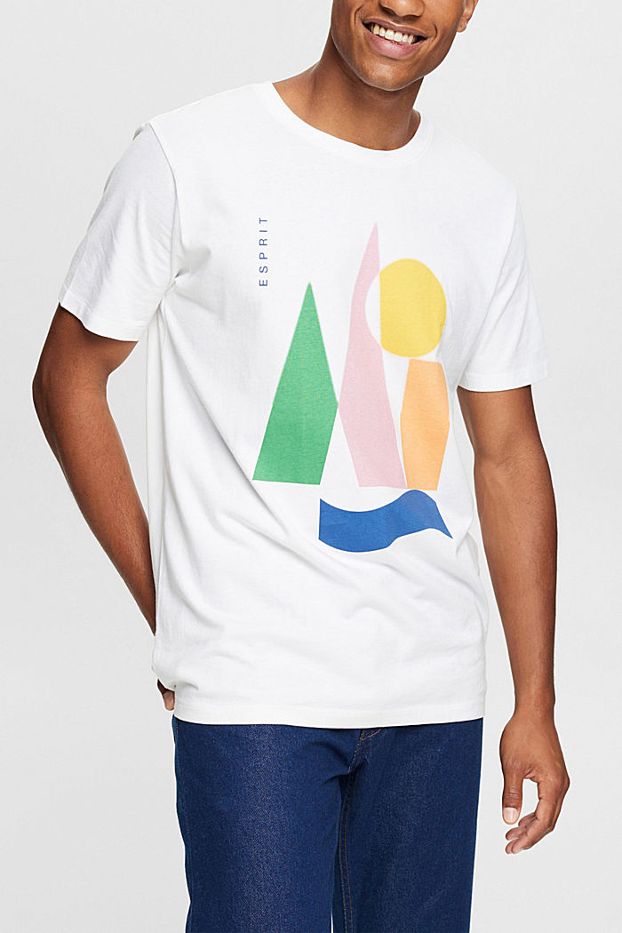 지속 가능한 지오메트릭 프린트 코튼 티셔츠, WHITE, detail-asia image number 0