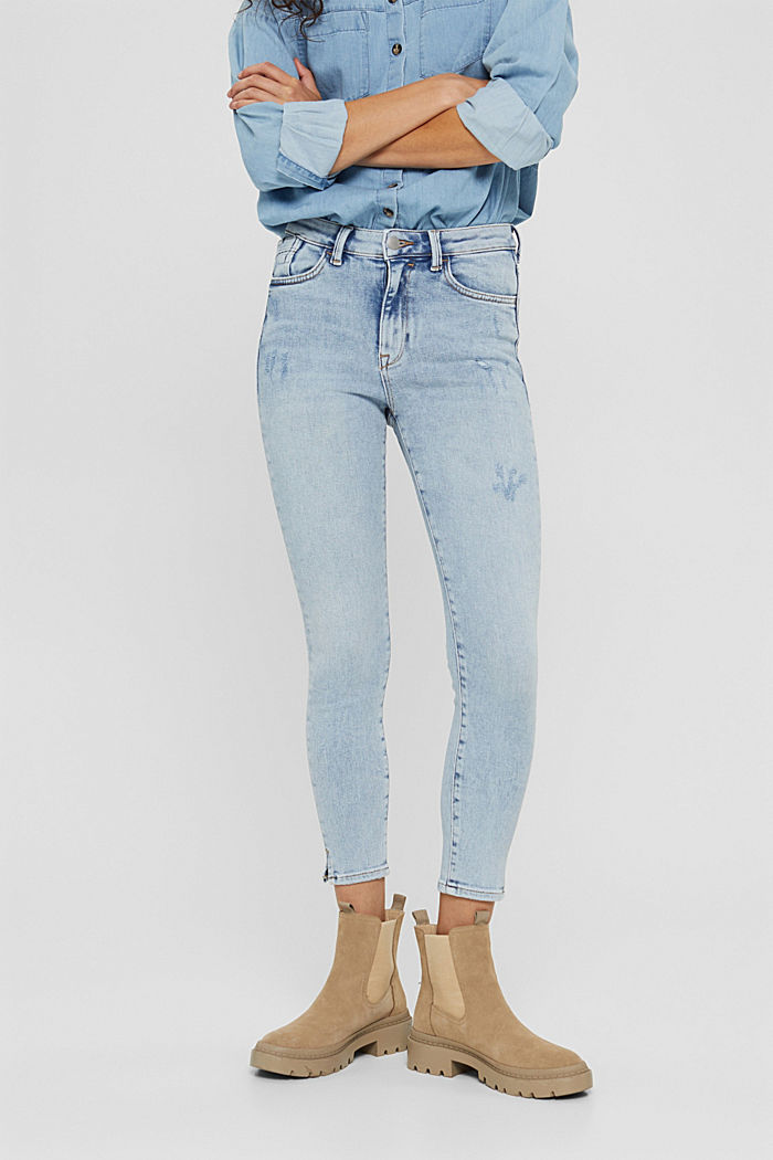 Cropped jeans with a slit hem, BLUE BLEACHED, detail image number 0