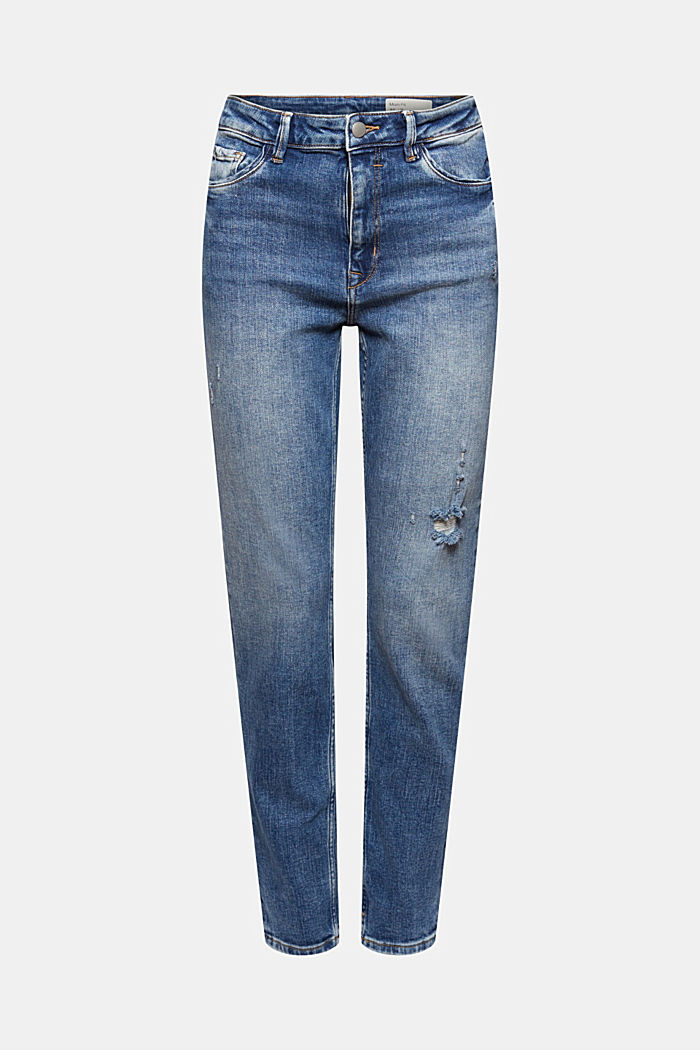 Mom jeans con effetti usati, BLUE MEDIUM WASHED, overview