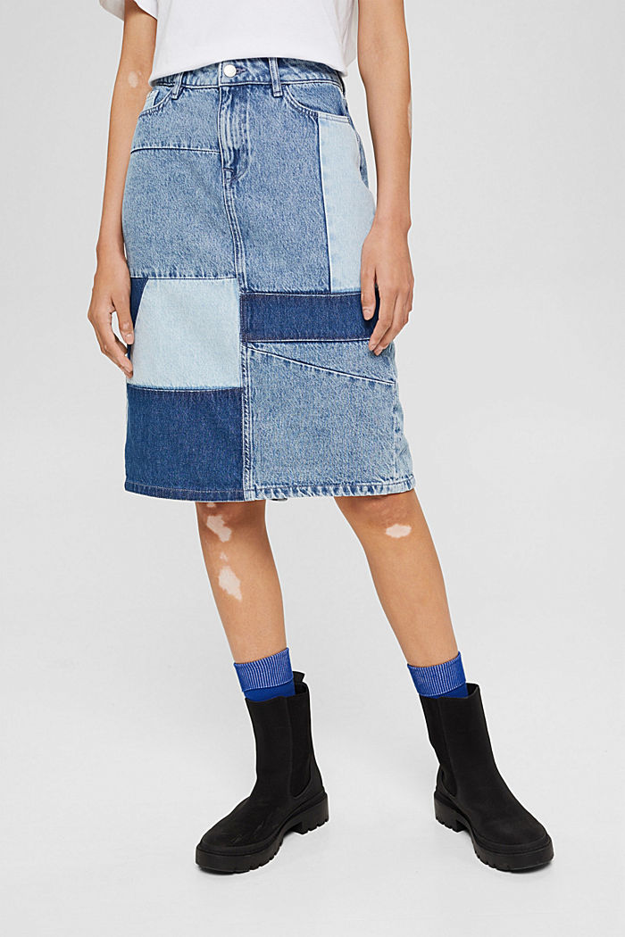 Denim skirt in a patchwork look, 100% organic cotton, BLUE MEDIUM WASHED, detail image number 0