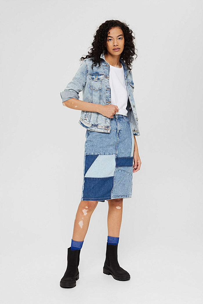 Denim skirt in a patchwork look, 100% organic cotton, BLUE MEDIUM WASHED, detail image number 1