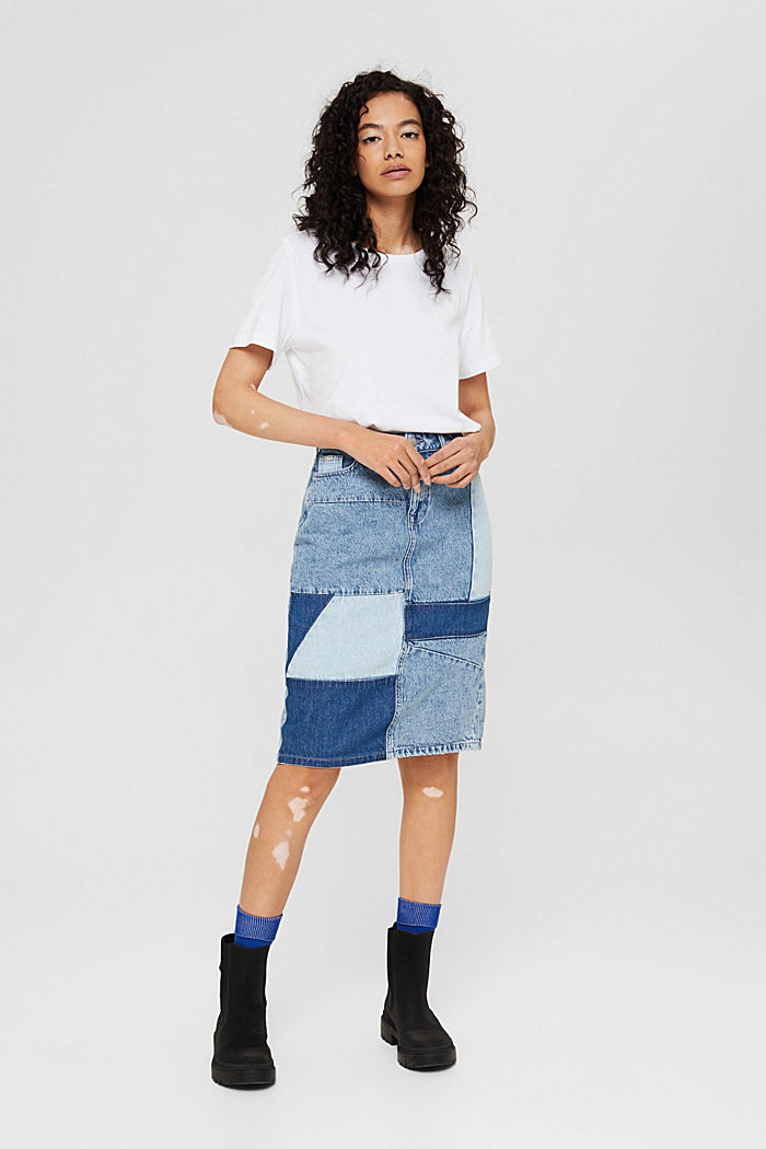 Denim skirt in a patchwork look, 100% organic cotton, BLUE MEDIUM WASHED, overview
