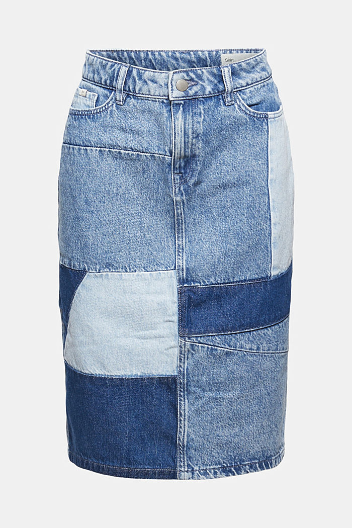 Denim skirt in a patchwork look, 100% organic cotton, BLUE MEDIUM WASHED, detail image number 7