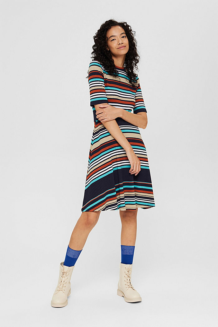 Colour block dress made of ribbed jersey, NAVY, overview