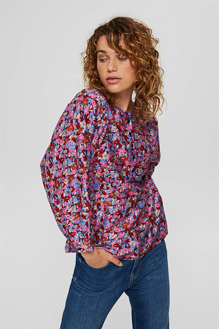 TENCEL™ blend: floral blouse with statement sleeves, NAVY, overview