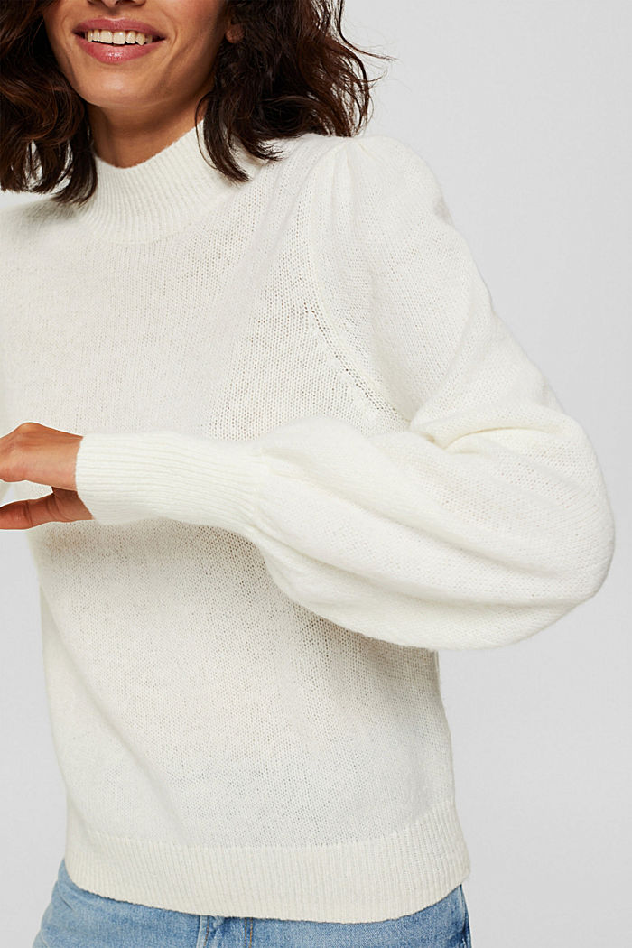 Con lana: pullover con maniche a sbuffo, OFF WHITE, detail image number 2