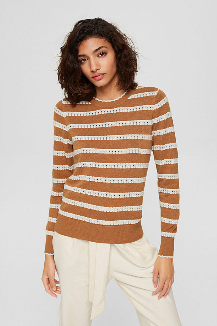 Jumper with openwork stripes, 100% organic cotton, BARK, detail image number 0