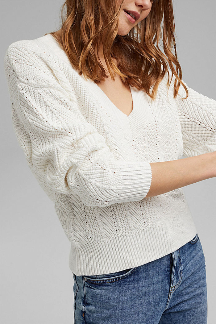 Textured V-neck jumper, 100% cotton, OFF WHITE, detail image number 2