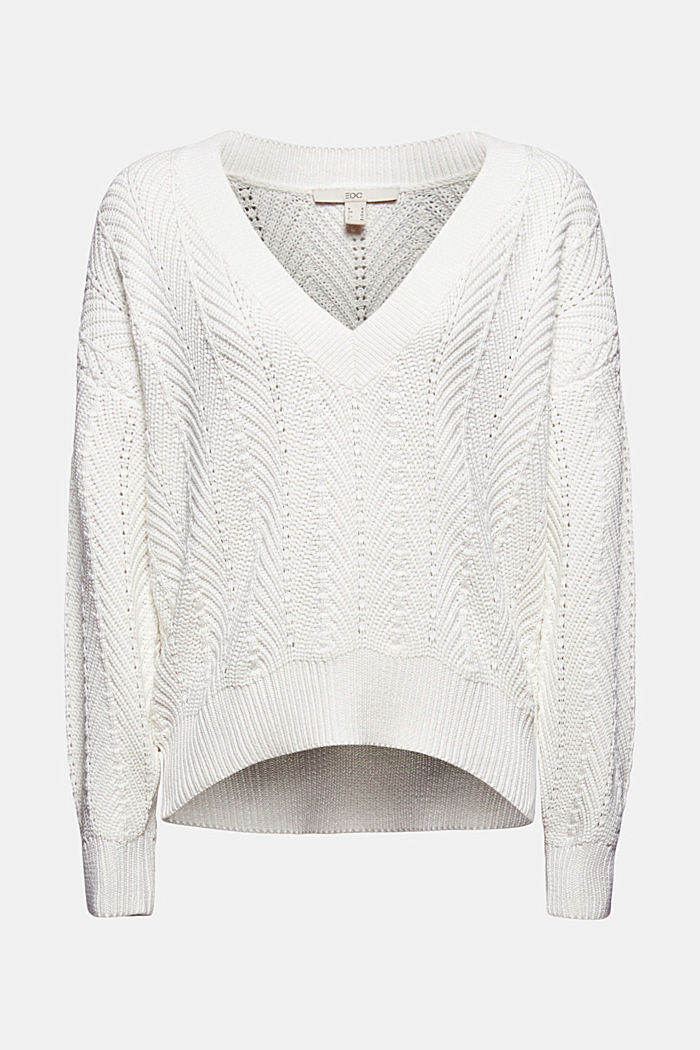 Textured V-neck jumper, 100% cotton, OFF WHITE, detail image number 6